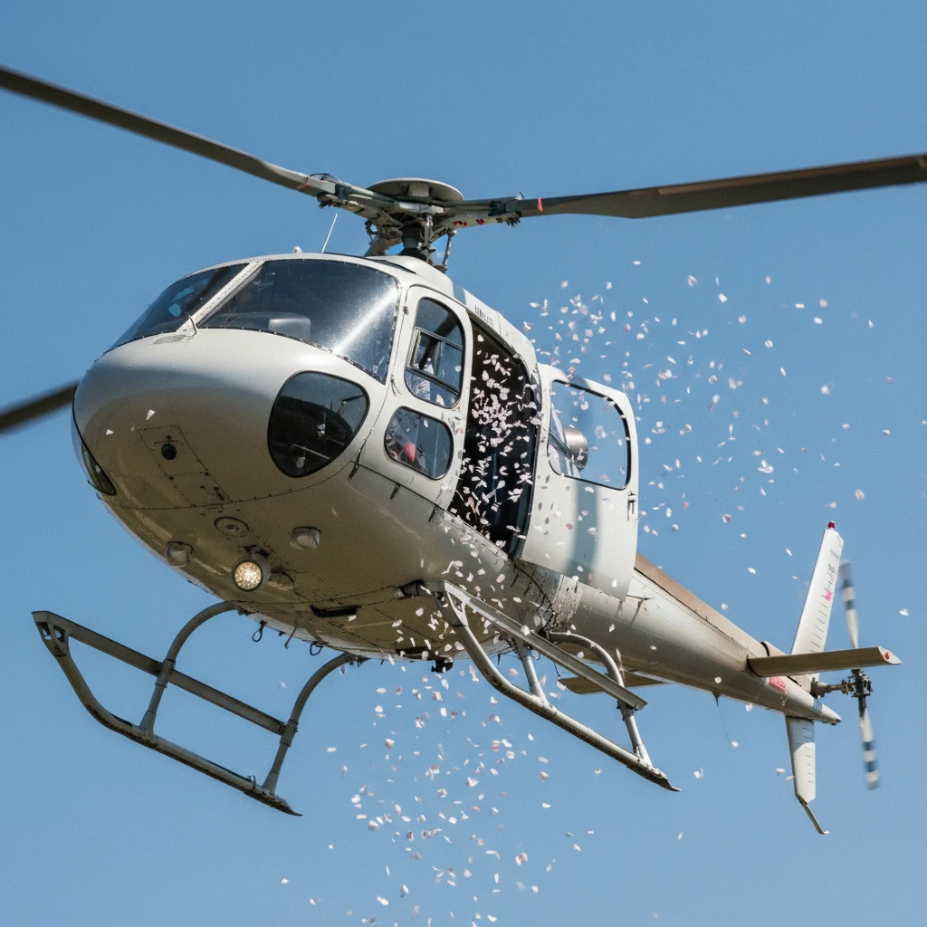 Banknotes falling from a helicopter over a crowd