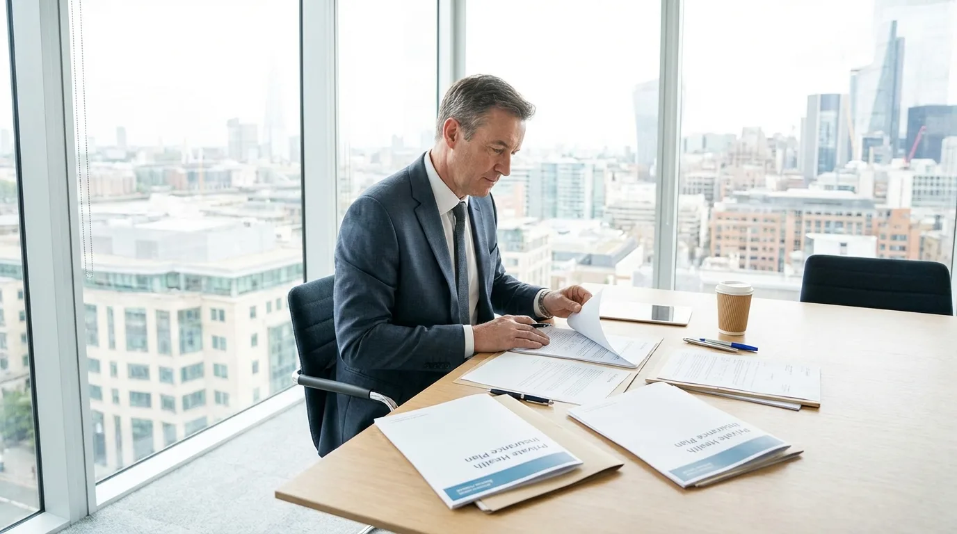 British professional reviewing private health insurance documents